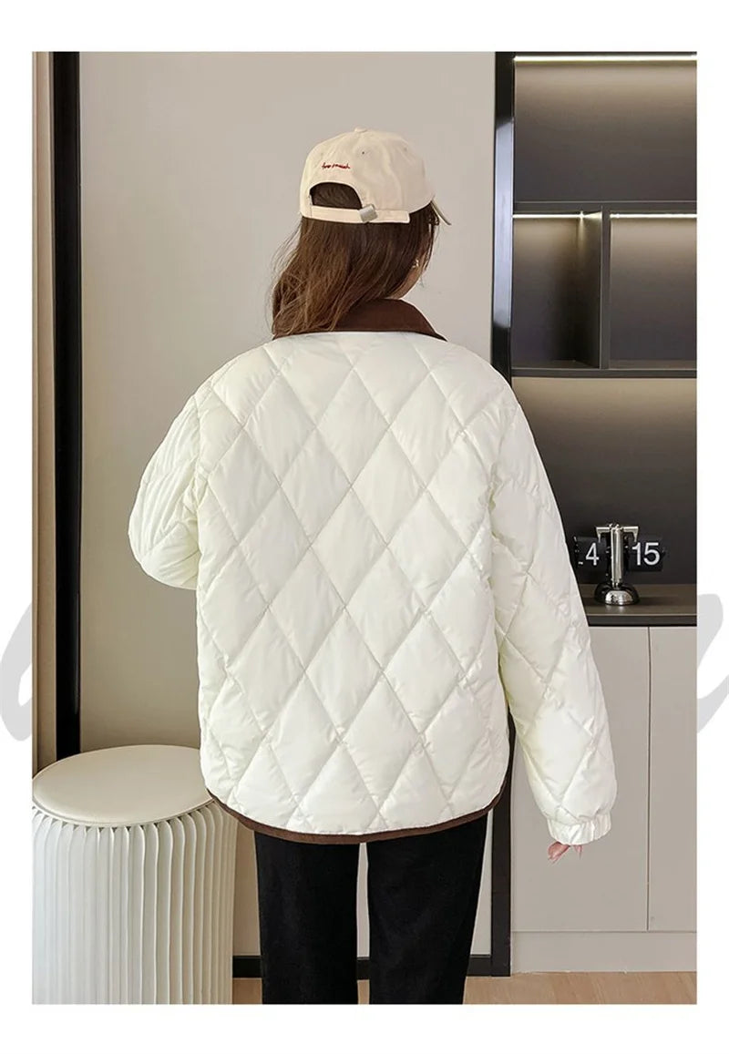 Women's PU Leather Quilted Jacket – Short Cotton-Padded Coat with Button Closure