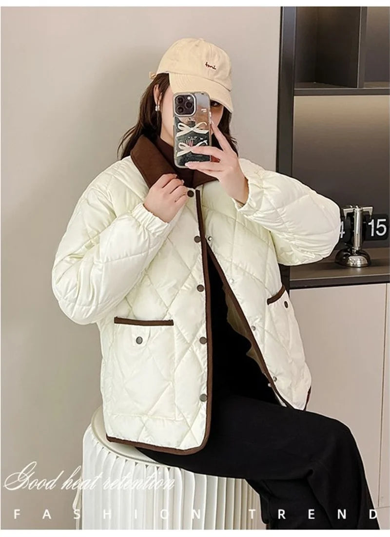 Women's PU Leather Quilted Jacket – Short Cotton-Padded Coat with Button Closure