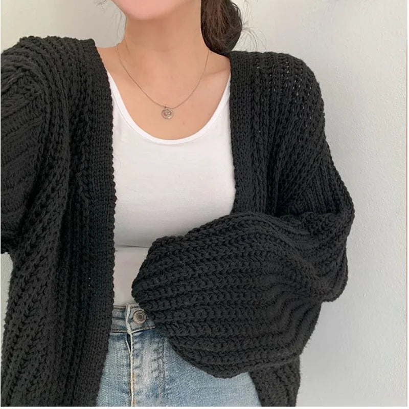 Women's Vintage Puff Sleeve Cardigan Sweater – Korean Streetwear Knit Coat