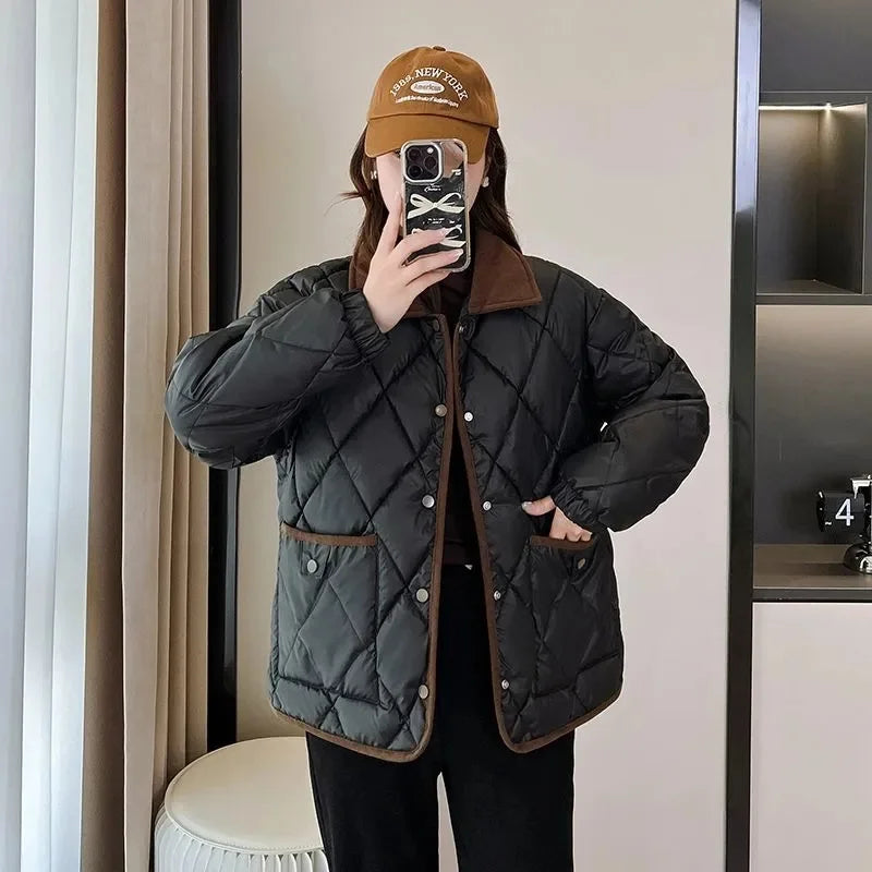 Women's PU Leather Quilted Jacket – Short Cotton-Padded Coat with Button Closure