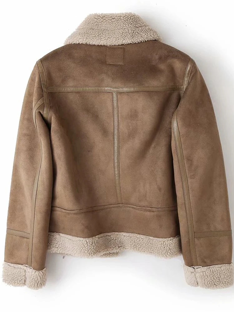 Ailegogo Women Winter Faux Shearling Sheepskin Leather Jackets Female Thick Warm Suede Lambs Short Motorcycle Brown Coat Outwear