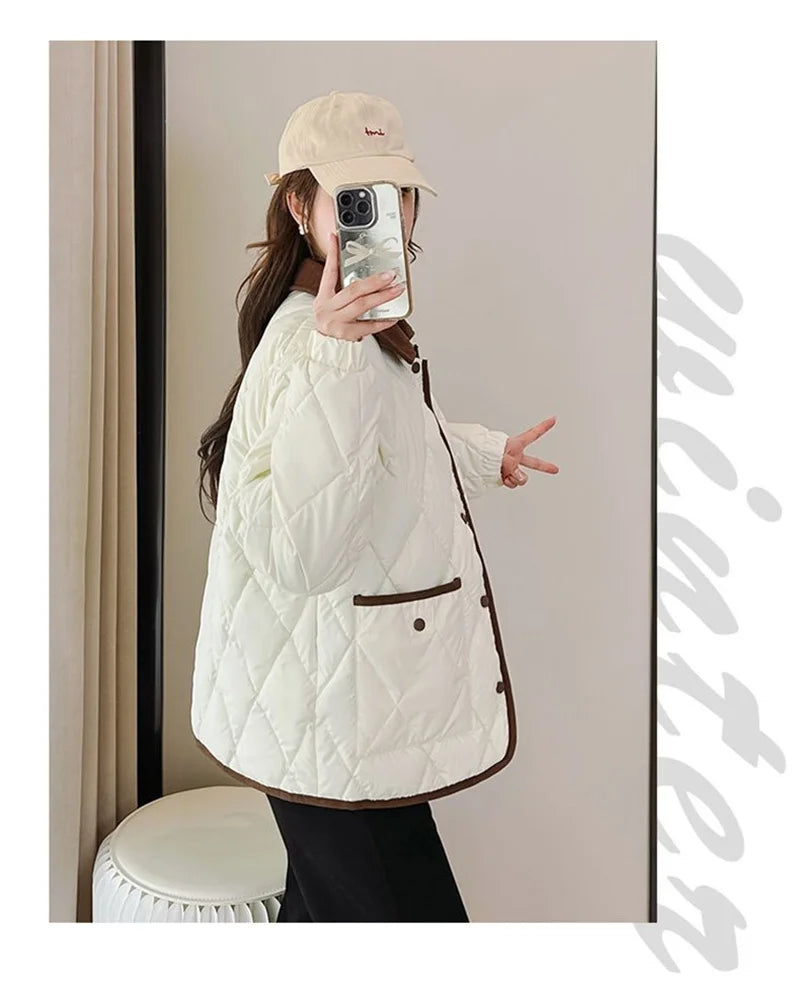 Women's PU Leather Quilted Jacket – Short Cotton-Padded Coat with Button Closure