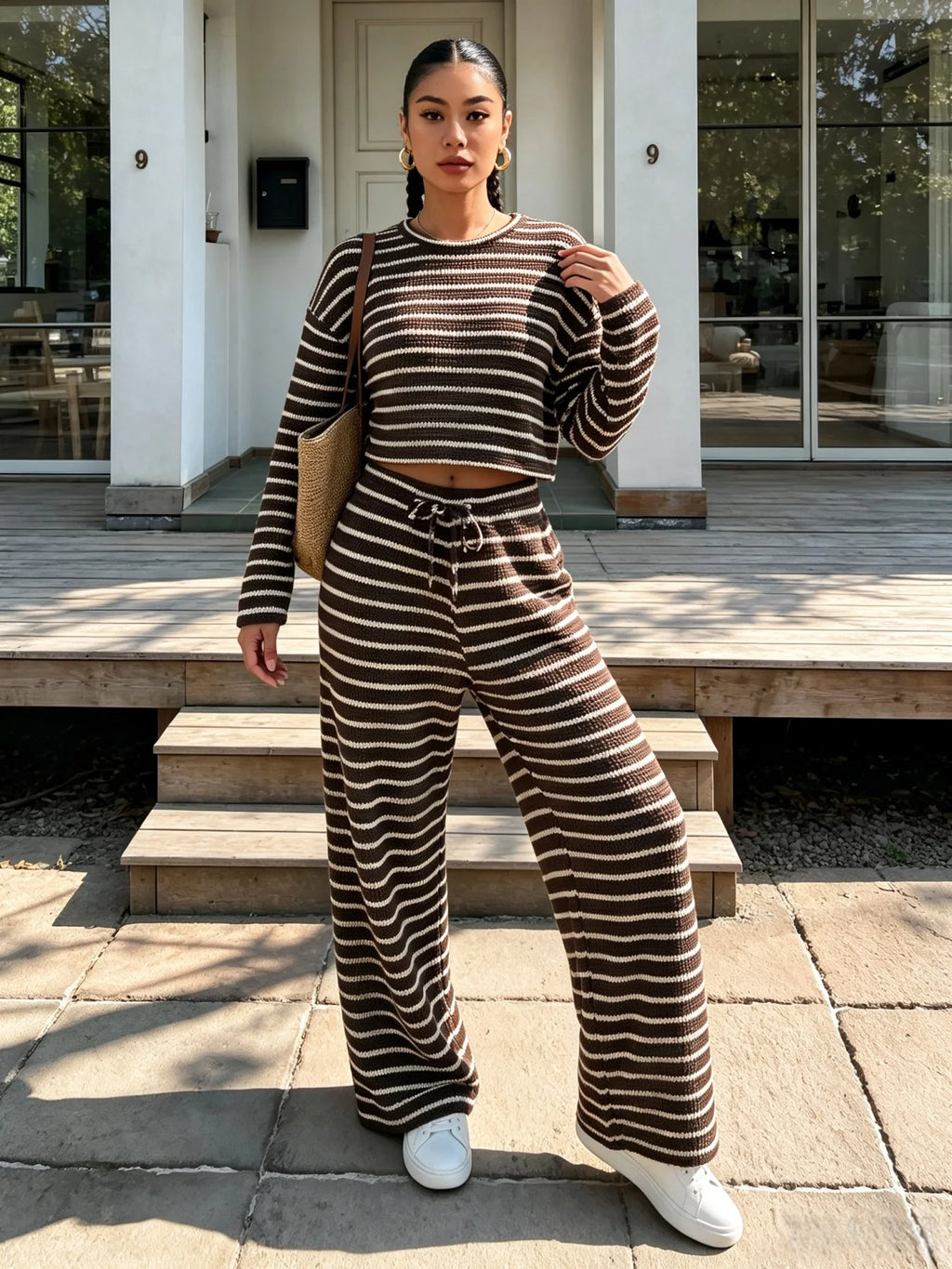 Women's Striped Knit Two-Piece Set – Crop Top & Wide-Leg Trousers
