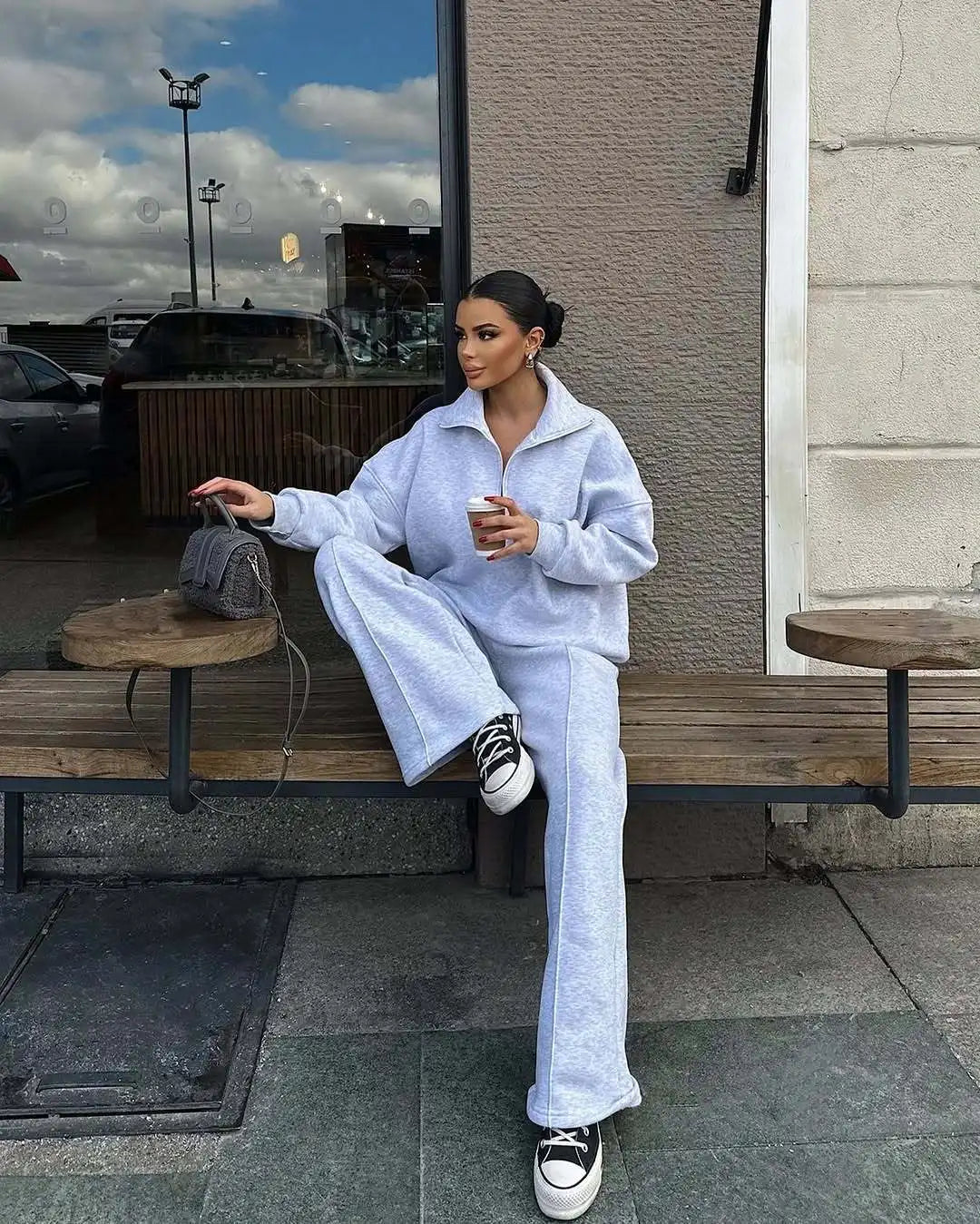 Women's Brown Fleece Tracksuit Set – Cropped Zip-Up Hoodie & Joggers