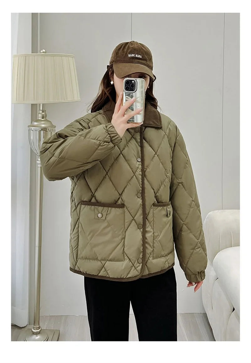 Women's PU Leather Quilted Jacket – Short Cotton-Padded Coat with Button Closure