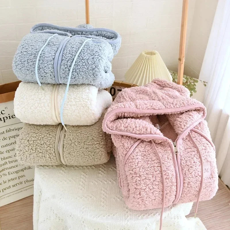 Women’s Fluffy Hooded Pyjama Set – Warm Zip-Up Winter Loungewear