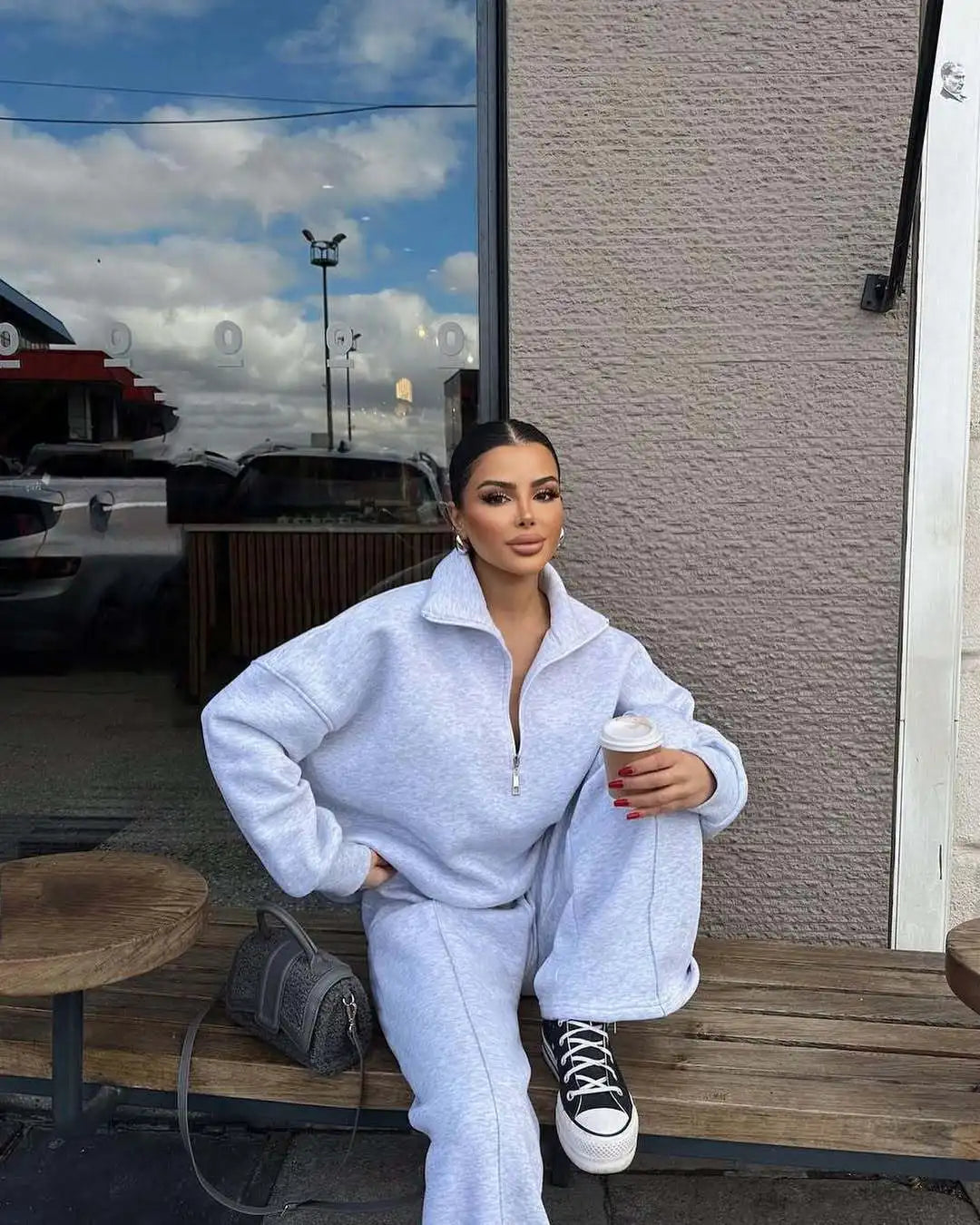 Women's Brown Fleece Tracksuit Set – Cropped Zip-Up Hoodie & Joggers