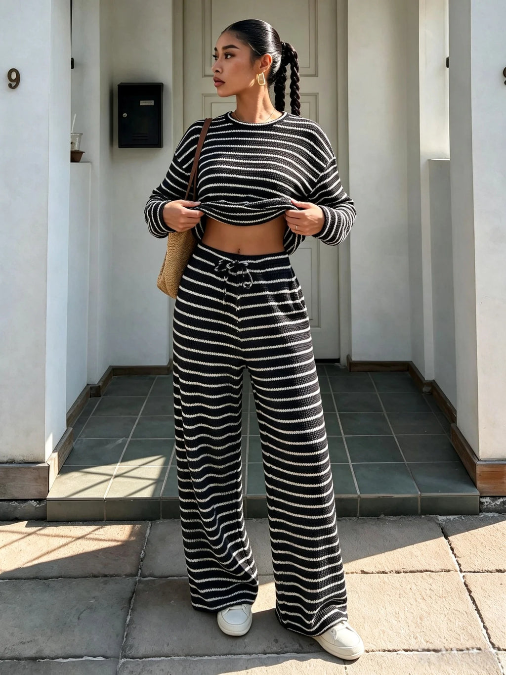 Women's Striped Knit Two-Piece Set – Crop Top & Wide-Leg Trousers