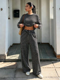 Women's Striped Knit Two-Piece Set – Crop Top & Wide-Leg Trousers