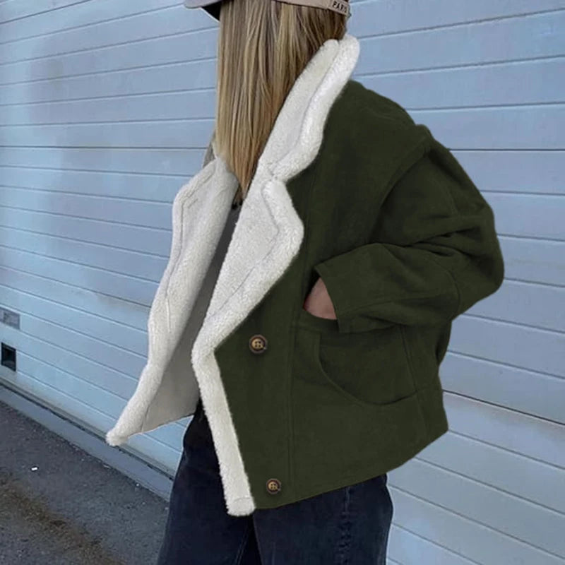 Retro Faux Lambswool Patchwork Warm Jacket Women Winter Loose Fleece Lined Thick Outerwear Woman Fashion Turn Label Cotton Coats