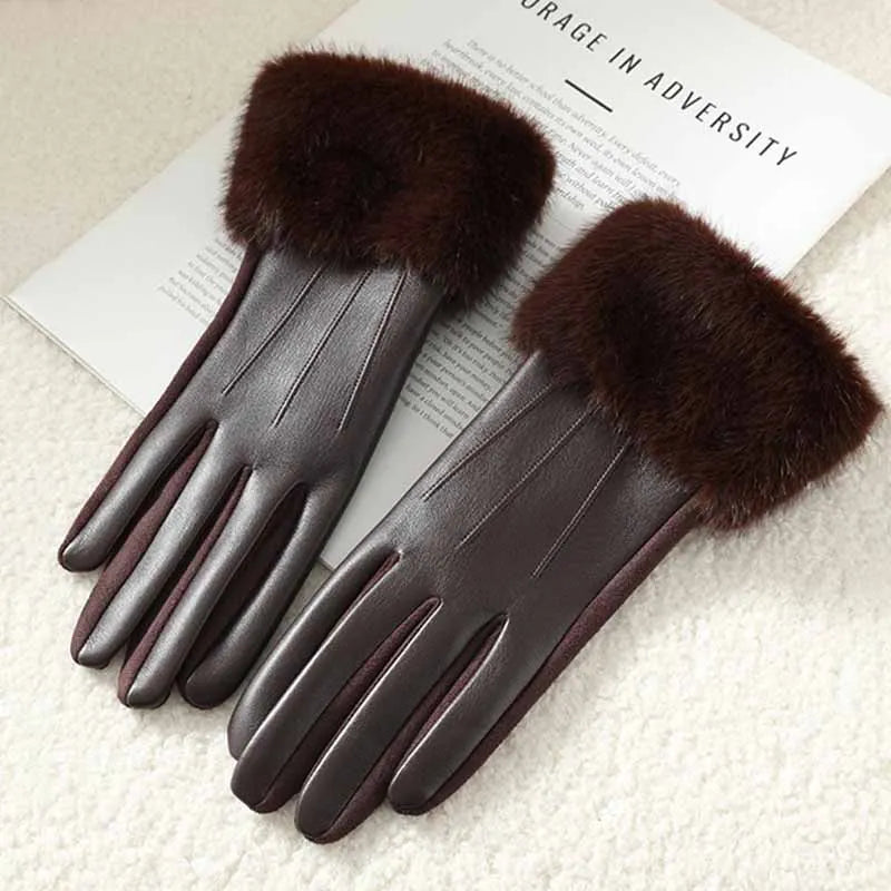 Women's Faux Fur Trim Leather-Look Gloves
