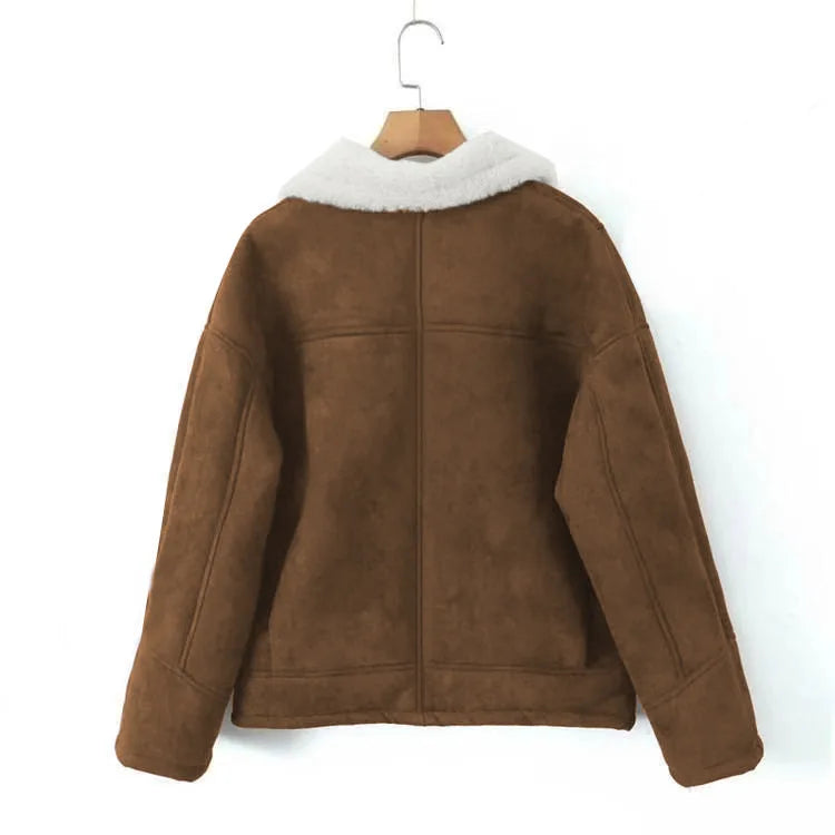 Retro Faux Lambswool Patchwork Warm Jacket Women Winter Loose Fleece Lined Thick Outerwear Woman Fashion Turn Label Cotton Coats