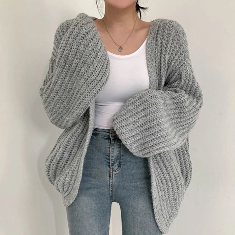 Women's Vintage Puff Sleeve Cardigan Sweater – Korean Streetwear Knit Coat
