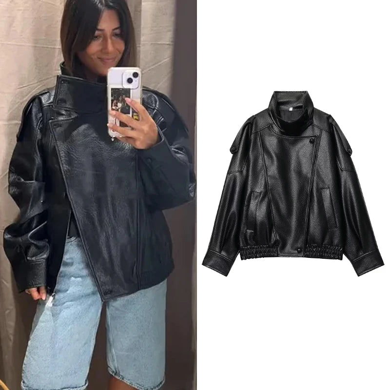 Women's Faux Leather Oversized Jacket – Long Sleeve Streetwear Coat with Button Detail