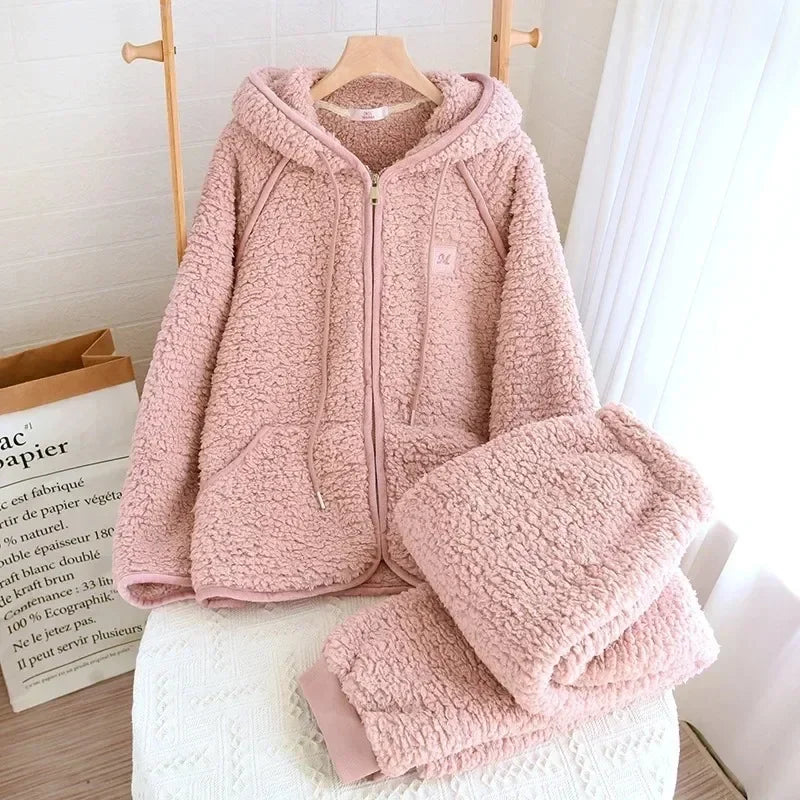 Women’s Fluffy Hooded Pyjama Set – Warm Zip-Up Winter Loungewear