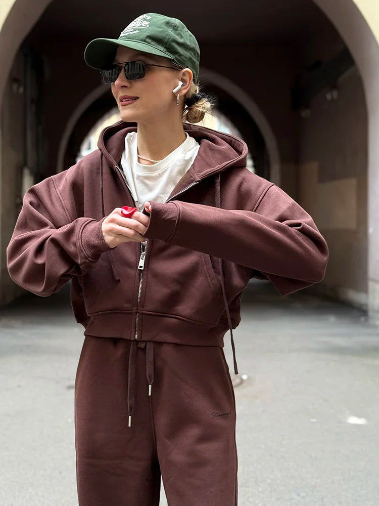 Women's Fleece Tracksuit Set – Zip-Up Hoodie & Wide-Leg Sweatpants | 2-Piece Lounge Set