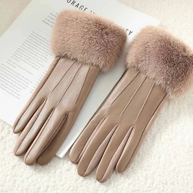 Women's Faux Fur Trim Leather-Look Gloves