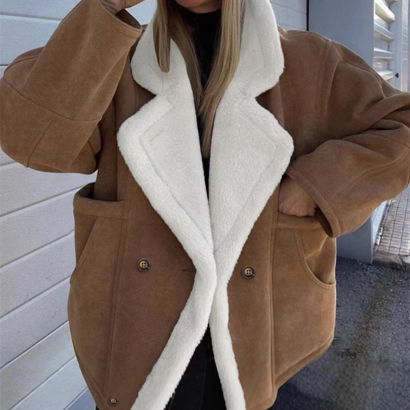 Retro Faux Lambswool Patchwork Warm Jacket Women Winter Loose Fleece Lined Thick Outerwear Woman Fashion Turn Label Cotton Coats
