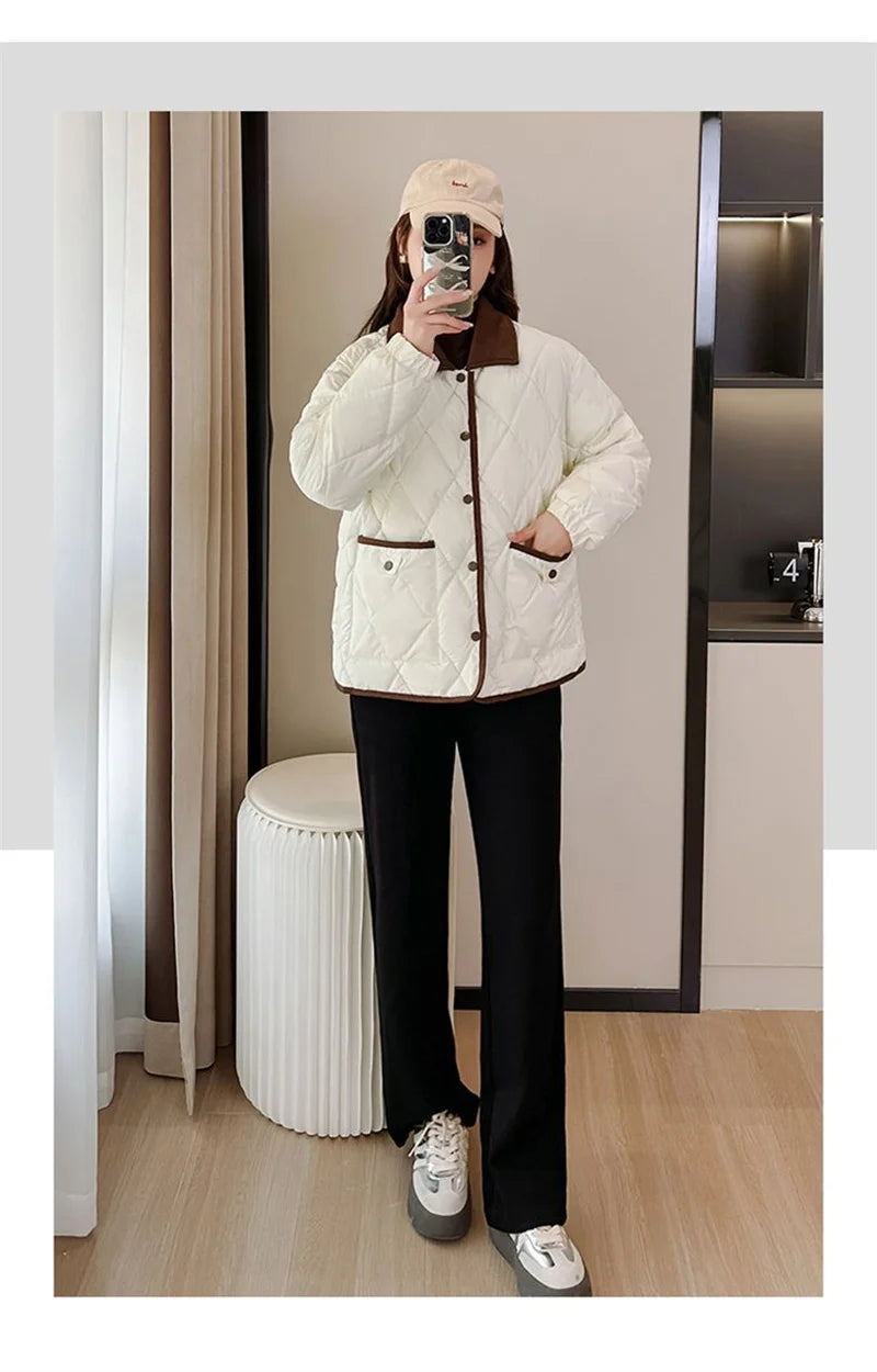 Women's PU Leather Quilted Jacket – Short Cotton-Padded Coat with Button Closure