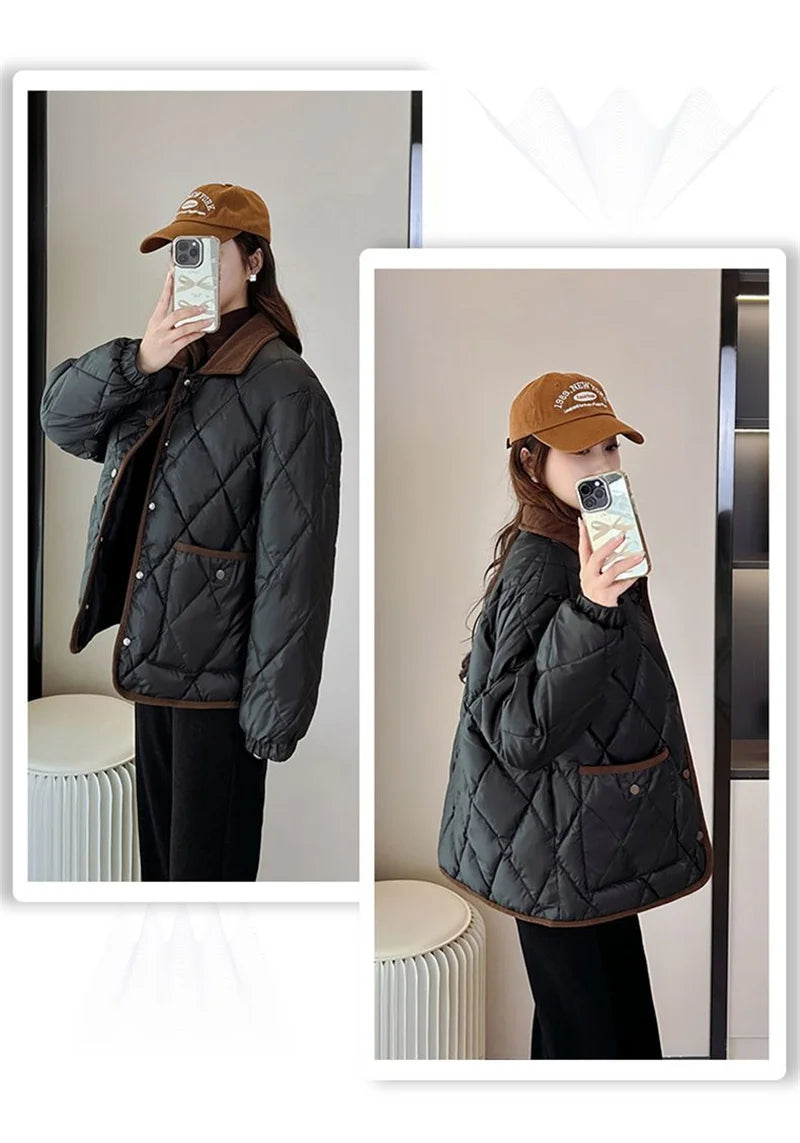 Women's PU Leather Quilted Jacket – Short Cotton-Padded Coat with Button Closure
