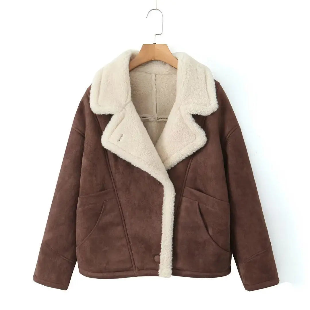 Retro Faux Lambswool Patchwork Warm Jacket Women Winter Loose Fleece Lined Thick Outerwear Woman Fashion Turn Label Cotton Coats