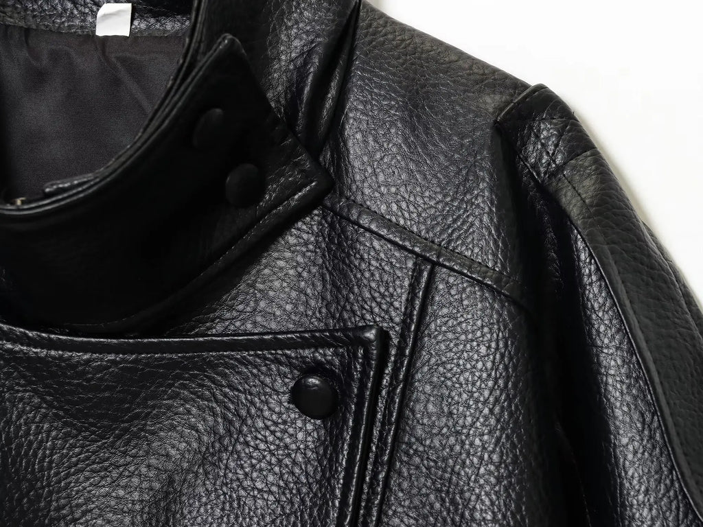 Women's Faux Leather Oversized Jacket – Long Sleeve Streetwear Coat with Button Detail
