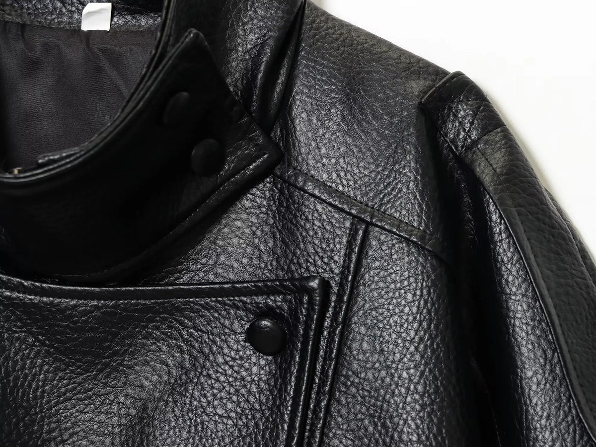 Women's Faux Leather Oversized Jacket – Long Sleeve Streetwear Coat with Button Detail