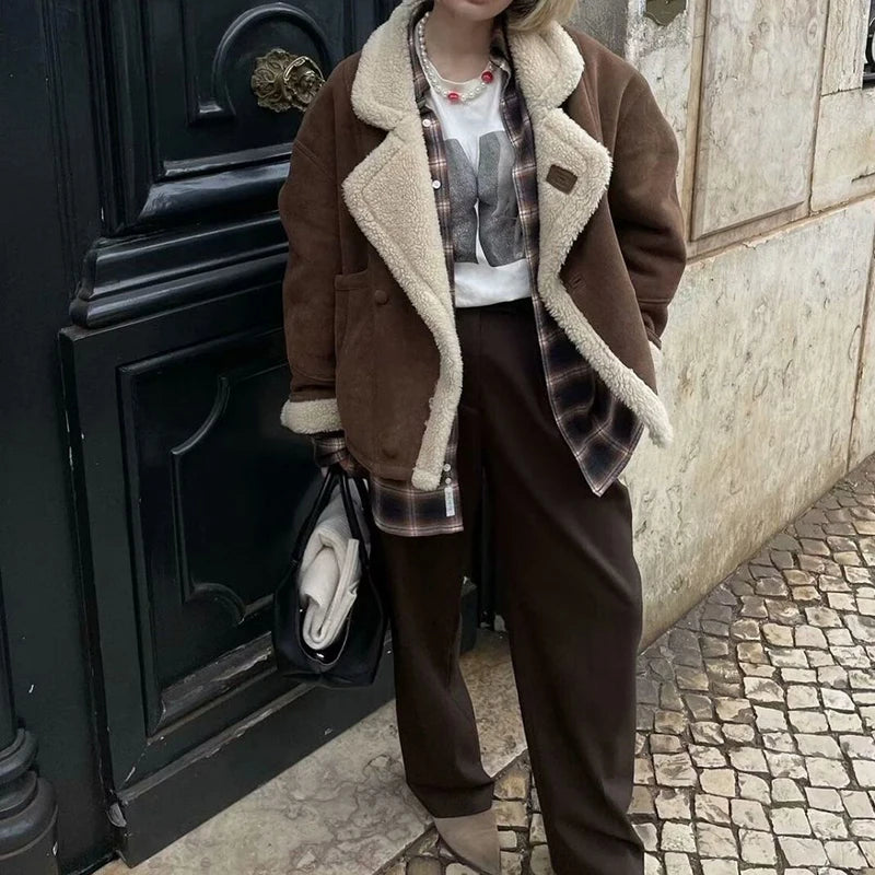 Retro Faux Lambswool Patchwork Warm Jacket Women Winter Loose Fleece Lined Thick Outerwear Woman Fashion Turn Label Cotton Coats