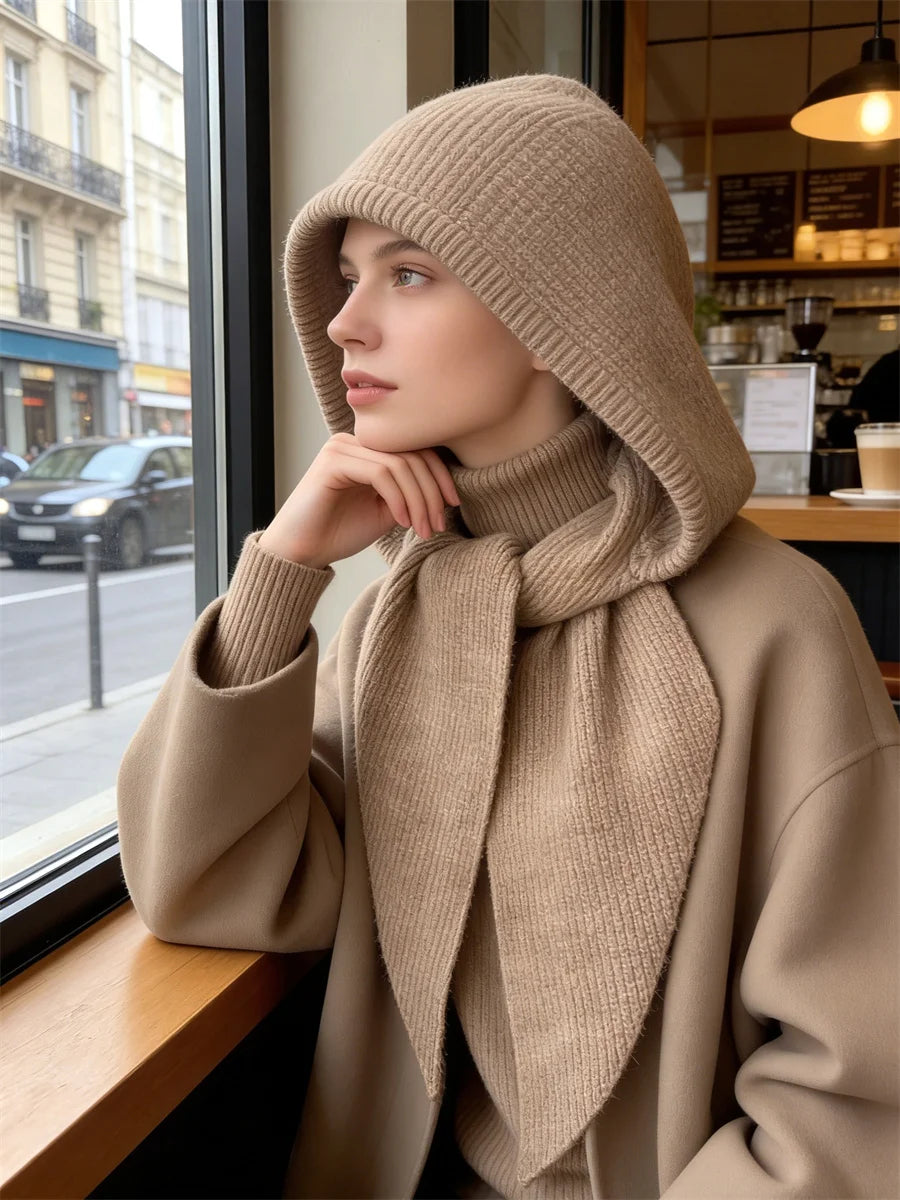 Women’s Knitted Hood Scarf – Warm Ribbed Winter Headwear