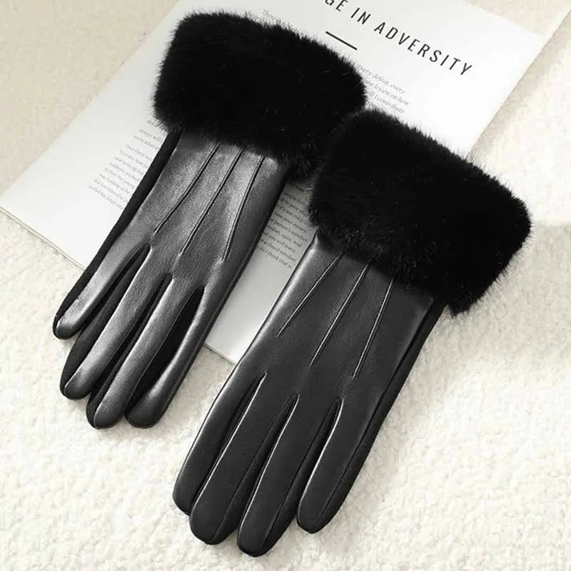 Women's Faux Fur Trim Leather-Look Gloves