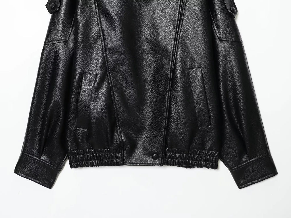 Women's Faux Leather Oversized Jacket – Long Sleeve Streetwear Coat with Button Detail