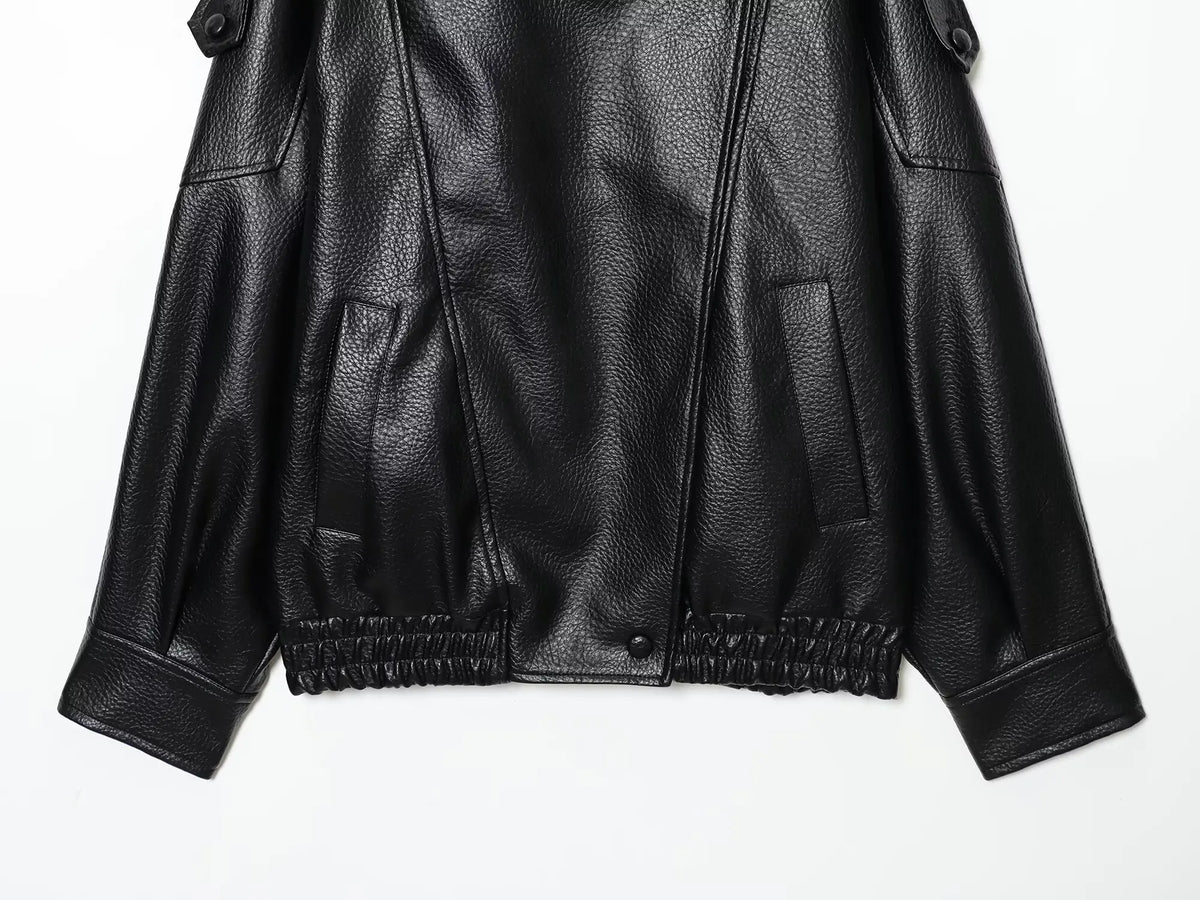 Women's Faux Leather Oversized Jacket – Long Sleeve Streetwear Coat with Button Detail