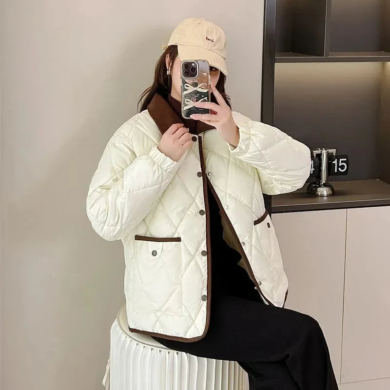 Women's PU Leather Quilted Jacket – Short Cotton-Padded Coat with Button Closure