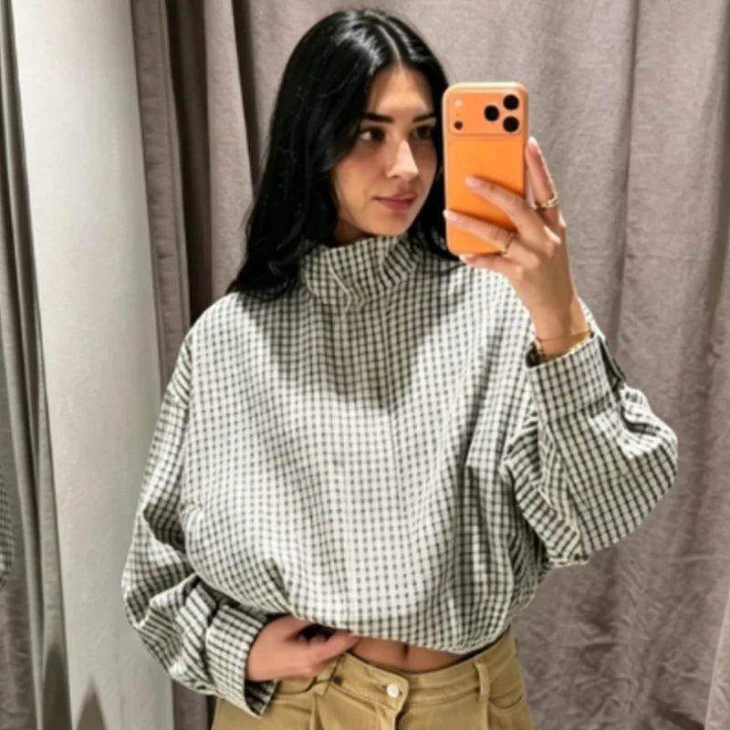 Women's Plaid Cropped Bomber Jacket – Oversized Zip-Up Outerwear for Spring & Autumn