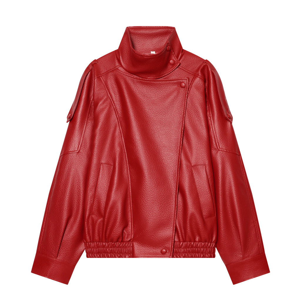 Women's Faux Leather Oversized Jacket – Long Sleeve Streetwear Coat with Button Detail