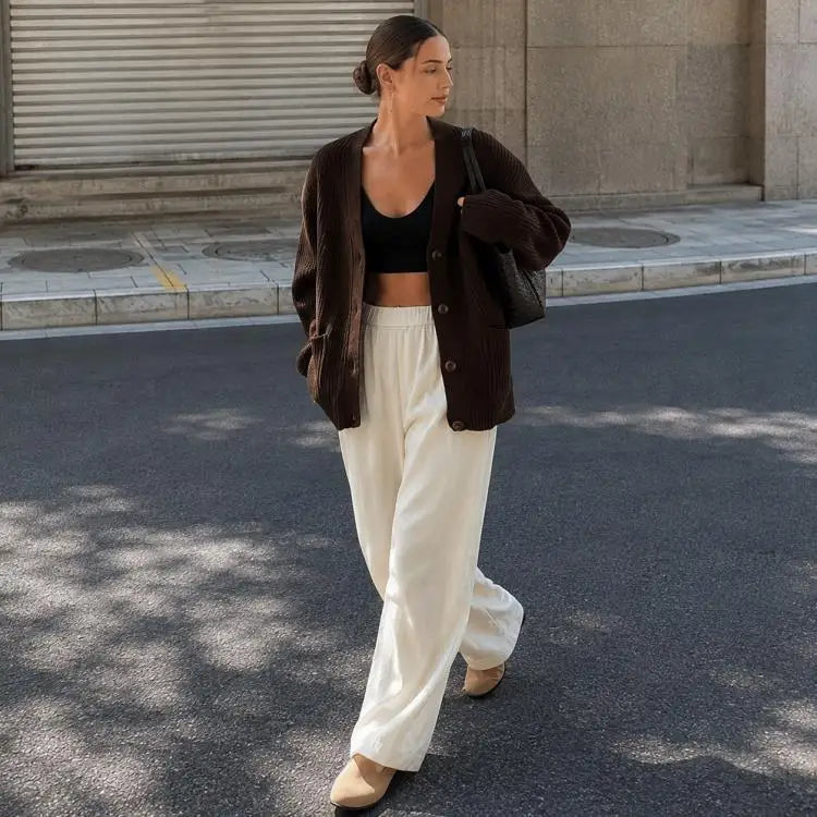 Women's Oversized Knit Cardigan – Dark Brown V-Neck Button-Up