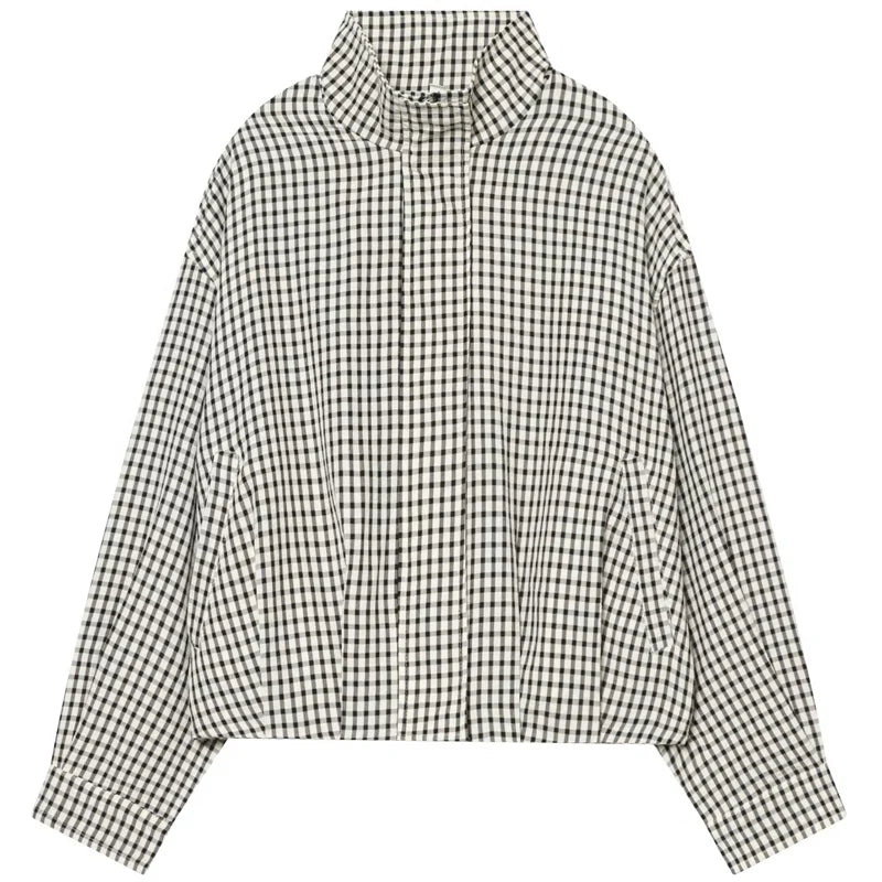 Women's Plaid Cropped Bomber Jacket – Oversized Zip-Up Outerwear for Spring & Autumn