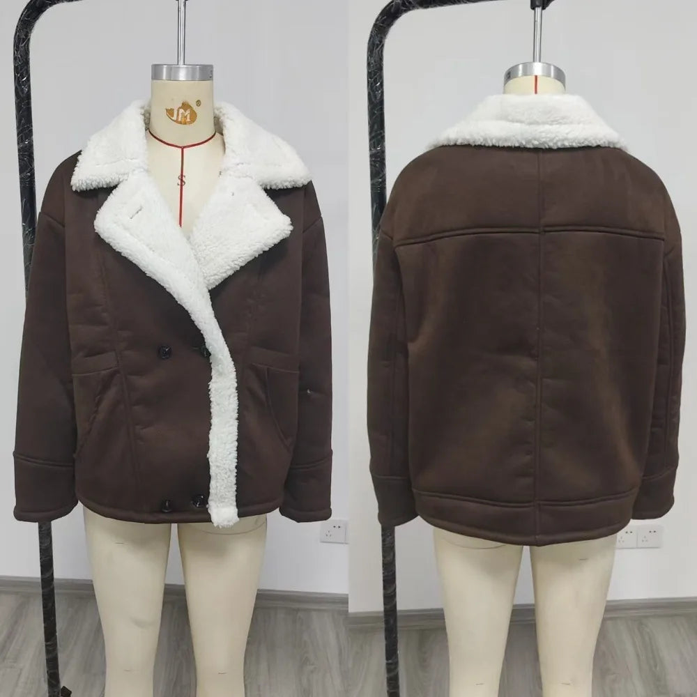 Retro Faux Lambswool Patchwork Warm Jacket Women Winter Loose Fleece Lined Thick Outerwear Woman Fashion Turn Label Cotton Coats