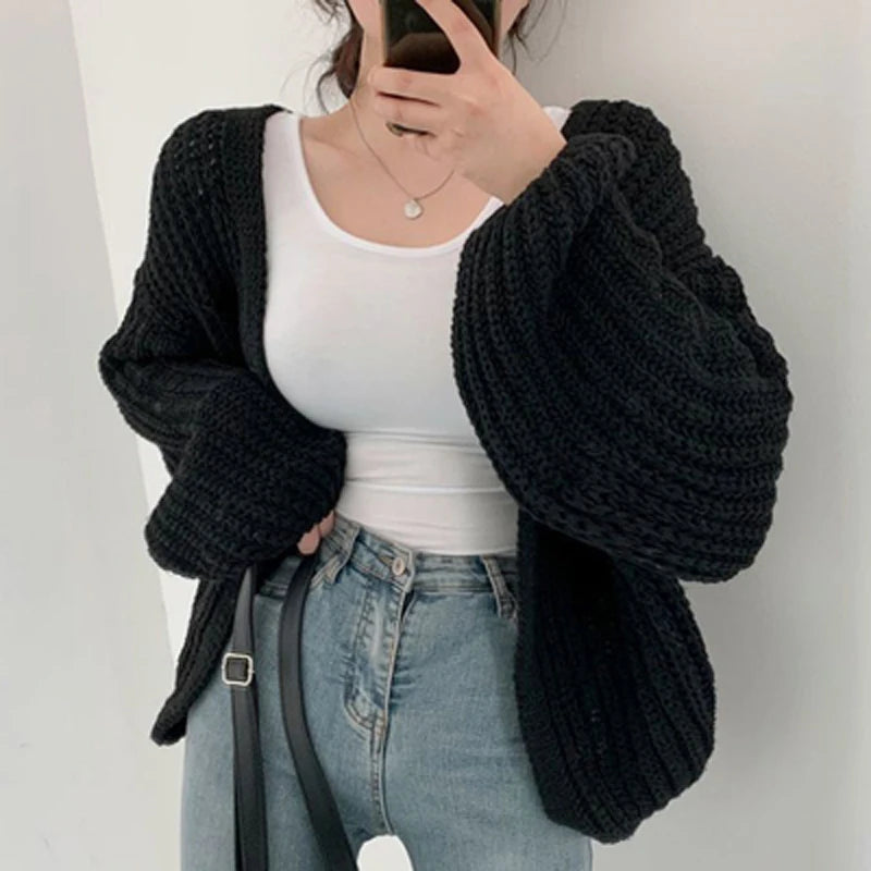 Women's Vintage Puff Sleeve Cardigan Sweater – Korean Streetwear Knit Coat