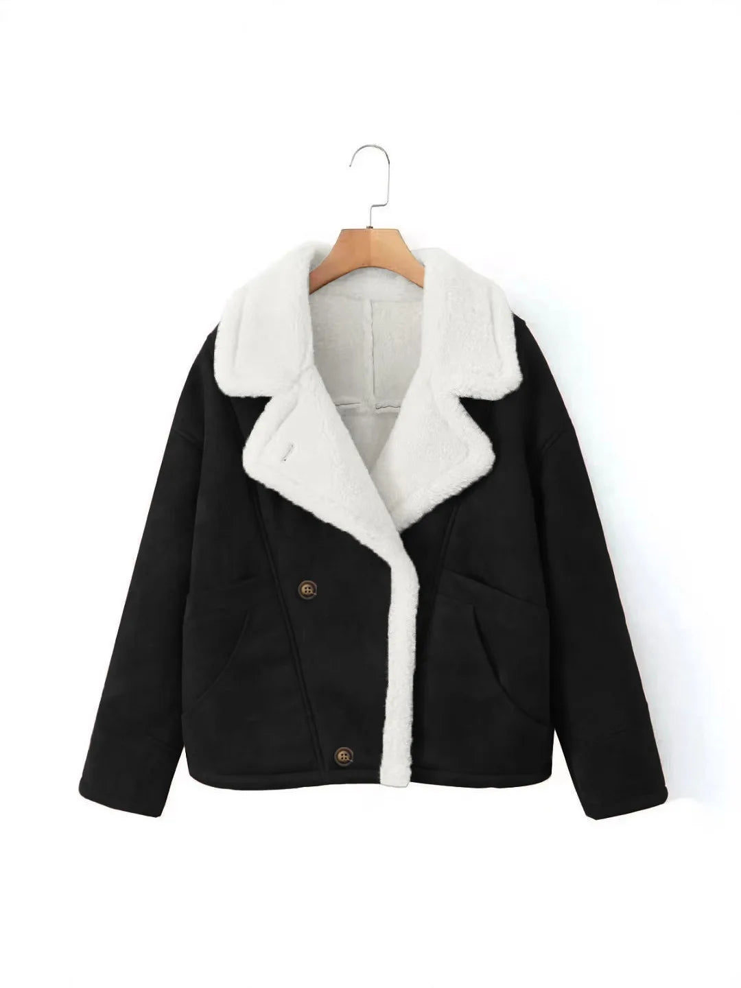 Retro Faux Lambswool Patchwork Warm Jacket Women Winter Loose Fleece Lined Thick Outerwear Woman Fashion Turn Label Cotton Coats