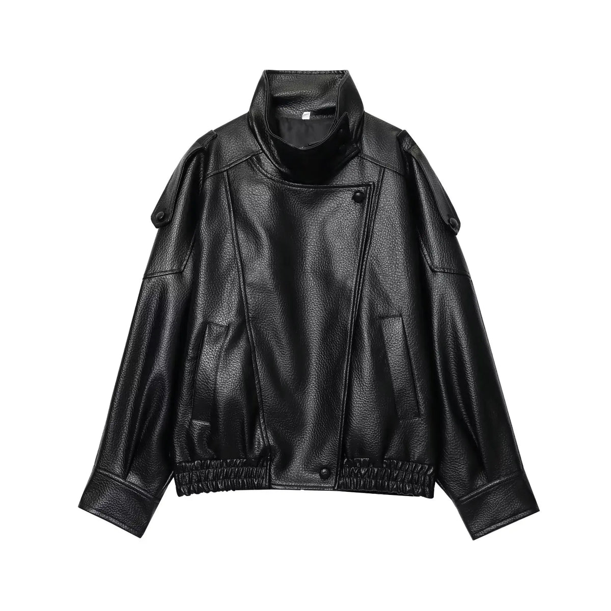 Women's Faux Leather Oversized Jacket – Long Sleeve Streetwear Coat with Button Detail